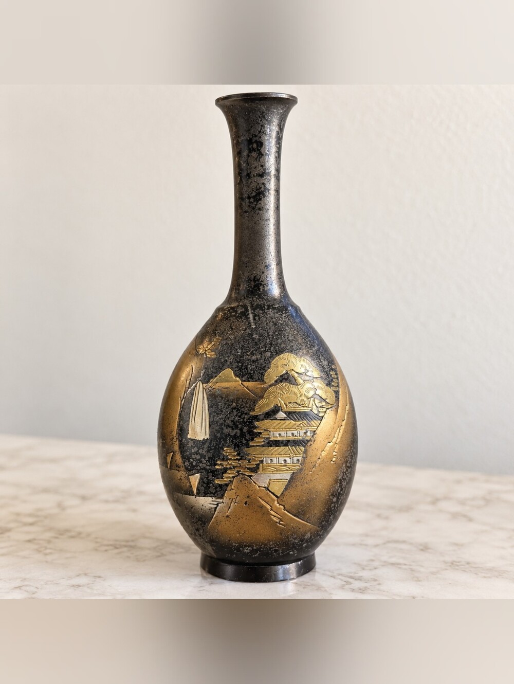 Japanese Chokin Style Metal Bud Vase 9" Gold Pagoda Landscape Vintage Patina